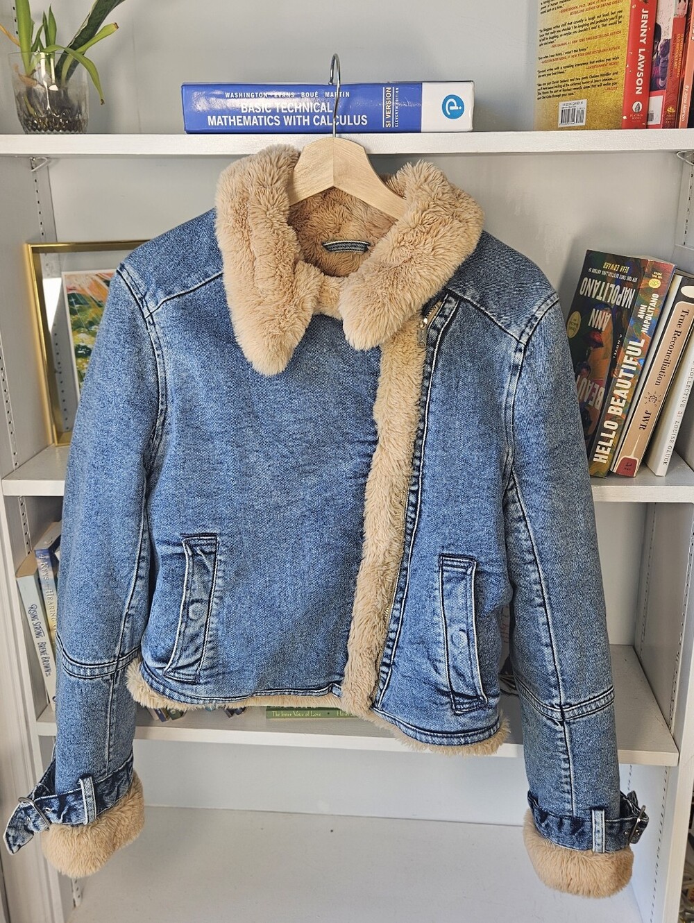 Hollister Faux Fur Lined Denim Jacket Cropped Size Large Moto
